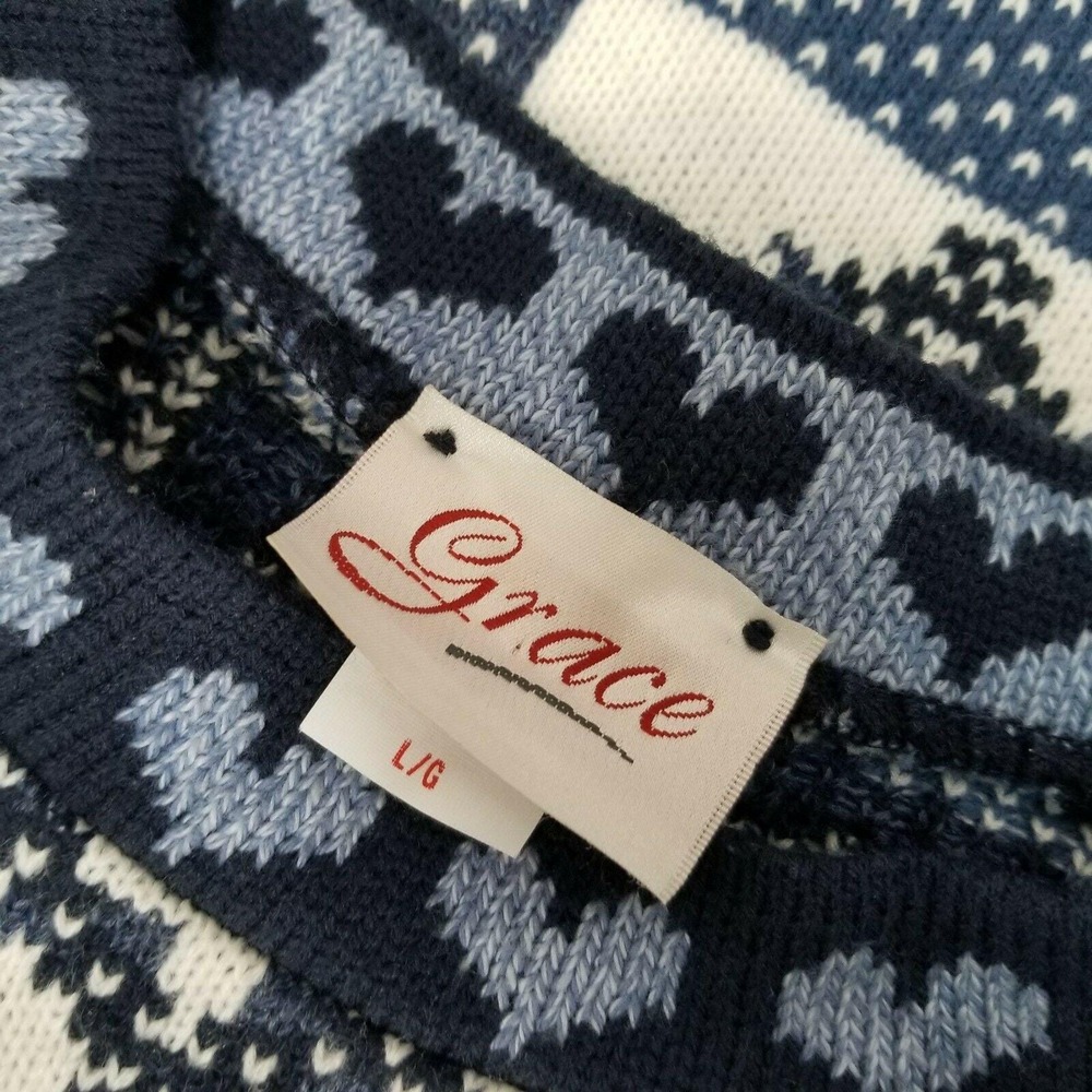 Vintage 90s Grace L Patchwork Sweater Hearts Roses Blue Knit Cottagecore Kitsch - Picture 7 of 9
